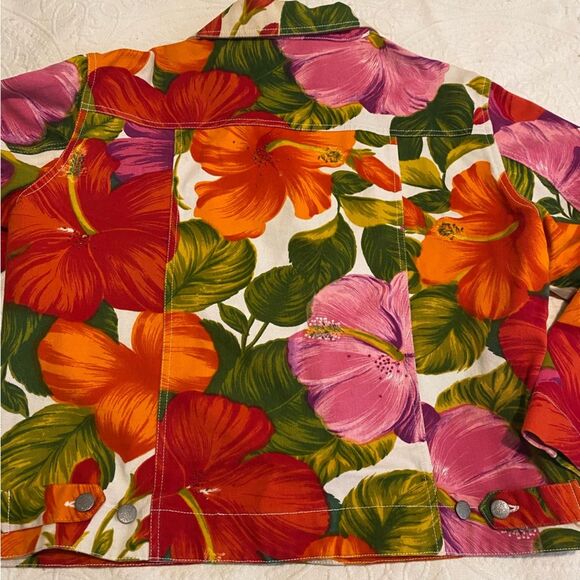 Chico’s Design size 0 Small Floral Tropical Hibiscus Pink & Orange Denim Jacket - Picture 11 of 12